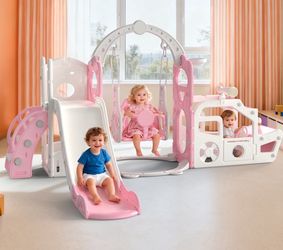 6 IN 1 Indoor Infant Toddler Playground Slides Playset with Swing & Spaceship Playhouse for Home, Pink