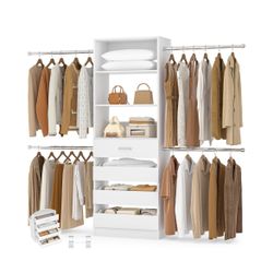 Closet System, 8FT Closet Organizer with 4 Wooden Drawers, Wood Closet Organizer System with Tower, Walk-in Closet Organizer Wardrobe Clothes Rack