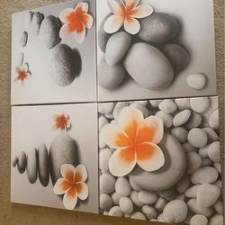 iKNOW FOTO Zen Stone with Orange Flower Wall Art, Framed Canvas Print for Relaxing Bathroom