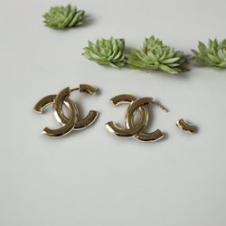 Chanel Gold Strass Double C Hoops Post Earrings 