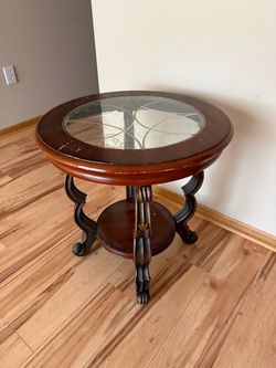 Round Wood and Glass Top End Table
