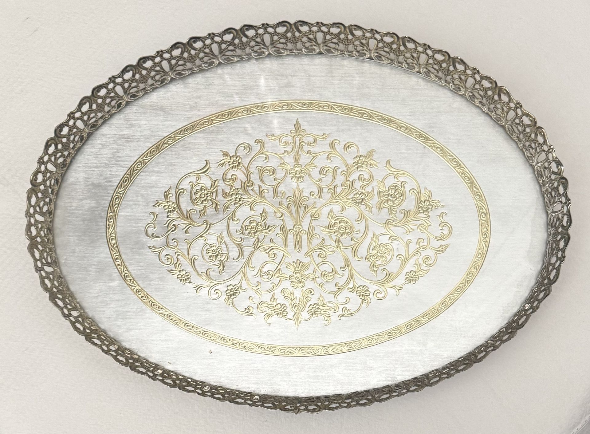 Vintage Oval Gold & Silver Ornate Vanity Dresser Perfume Tray Filigree Glass Hollywood Regency