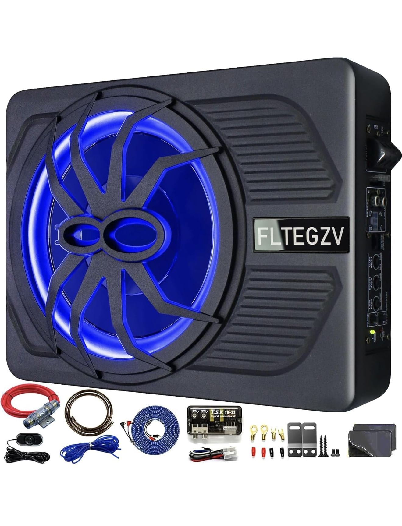 10" 800W Under Seat Car Subwoofer, Slim Powered Speaker with Blue LED Light, Car/Truck Audio Sub Built-in Amplifier, Amp Combo Package, Installation W