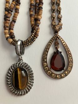2 x Necklace Jewelry Lot - Tiger's Eye Crystal Charm Pendant + Unique Vintage Rhinestone