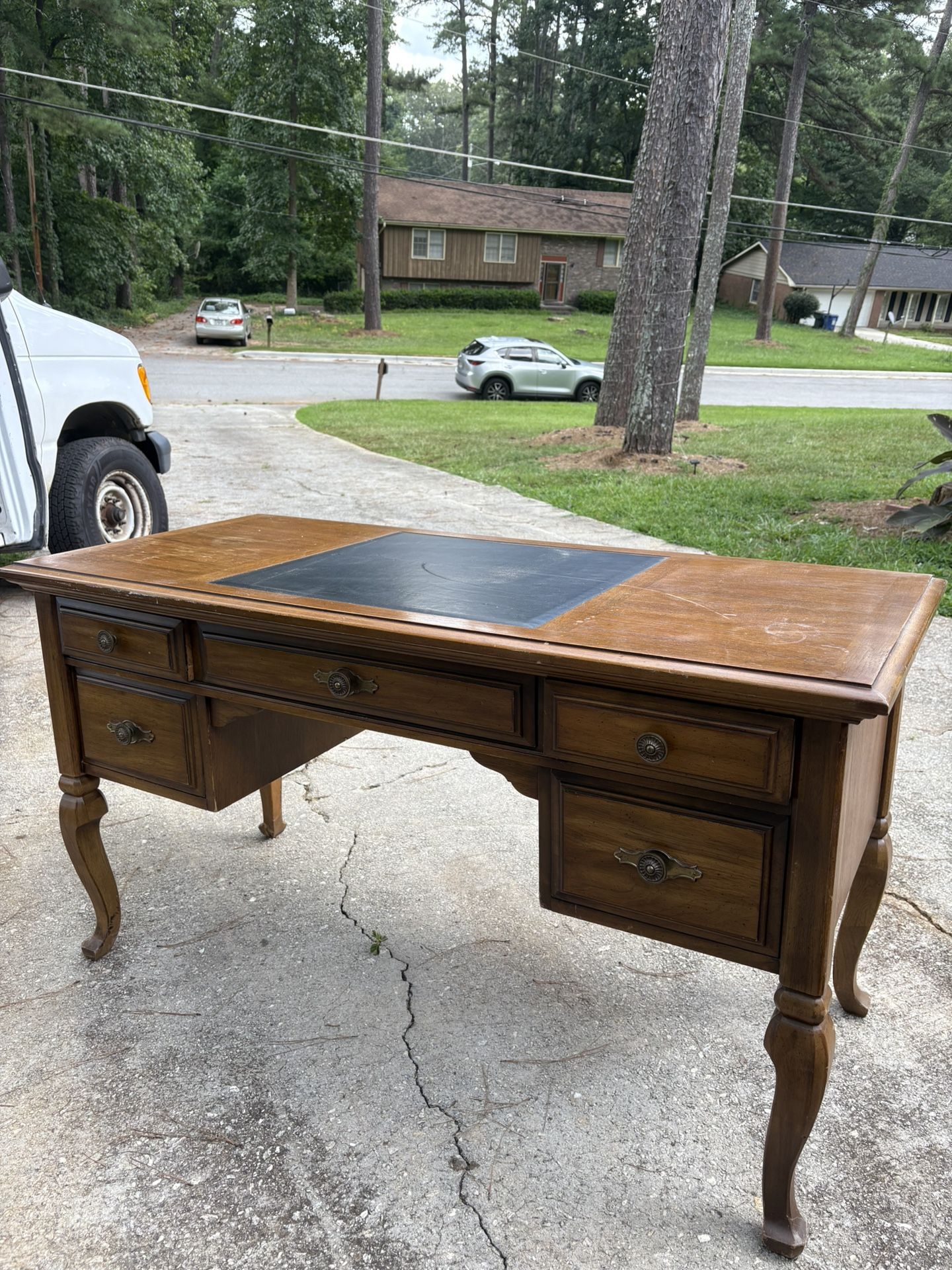 Antique Wooden Writing Desk with Leather Inlay