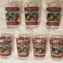 Set of 7 Juice Glasses Fruit Cherries Berries Pear