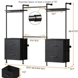 T4 Wall Mounted Closet System with 4 Large Drawers & 4 Hanging Rods Adjustable from 4'4'' to 5'9'', Industrial Pipe Clothing Rack with 4 Hanging Rods,
