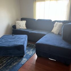 Comfy navy blue sectional & Ottoman 