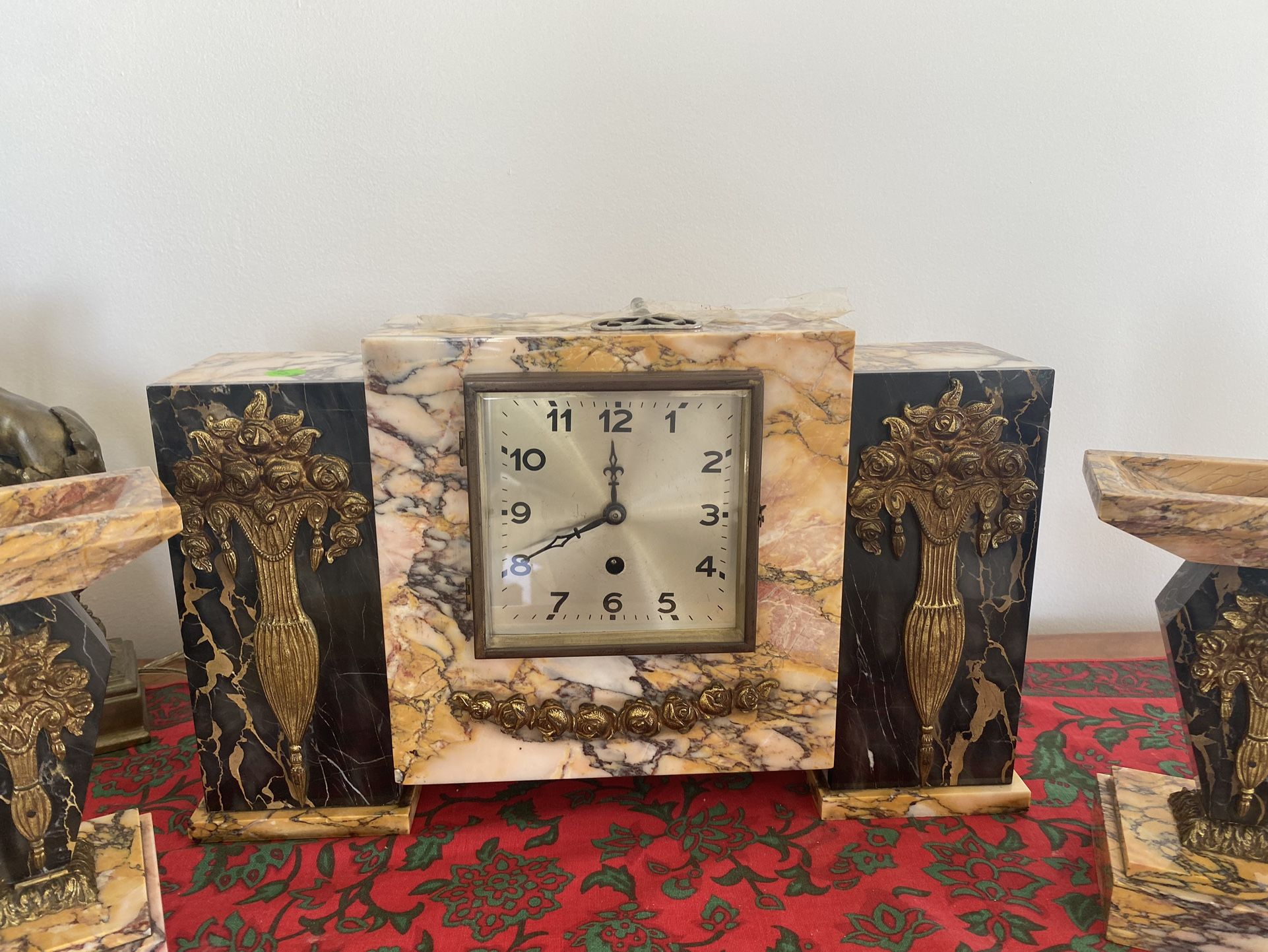 Art Deco Midcentury Marble And Bronze Antique Clock And Matching Candelabras 