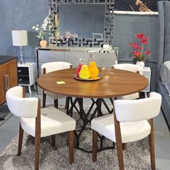 5 PIECE DINING TABLE SET BROWN BLACK OFF WHITE BUCKLE CHAIRS 47x47