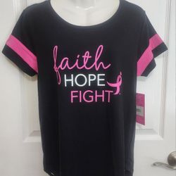 NWT Susan G Komen T-Shirt Women's  Pink Black Short Sleeve Faith Hope Fight Sz S