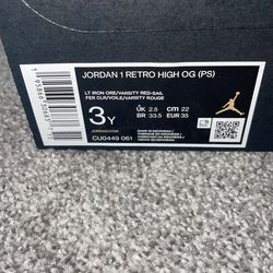 Jordan 1 Retro High OG (PS) Varsity Red Size: 3Y