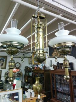 Antiques Chandelier brass and milk glass
