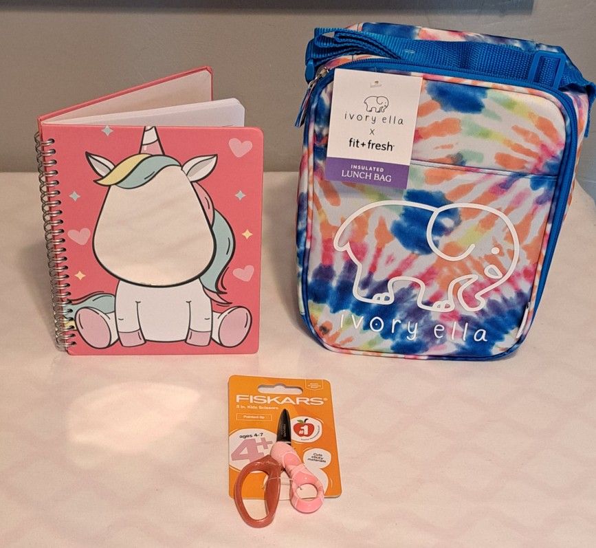 School Supplies Unicorn Journal Elephant Lunch Bag Fiskars Pointed Tip Scissors Bundle New