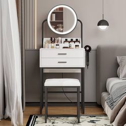 Small Vanity Desk with Mirror and Lights Compact Makeup Vanity Set with Drawers for Bedroom Mini White Modern Dressing Table with Stool
