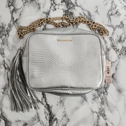 Victoria’s Secret Silver Crossbody Bag | Faux Snakeskin Texture | Tassel Detail | Gold Chain Strap