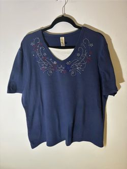Decorated Originals Women’s Blue V-Neck Rhinestone Patriotic T-Shirt 2XL