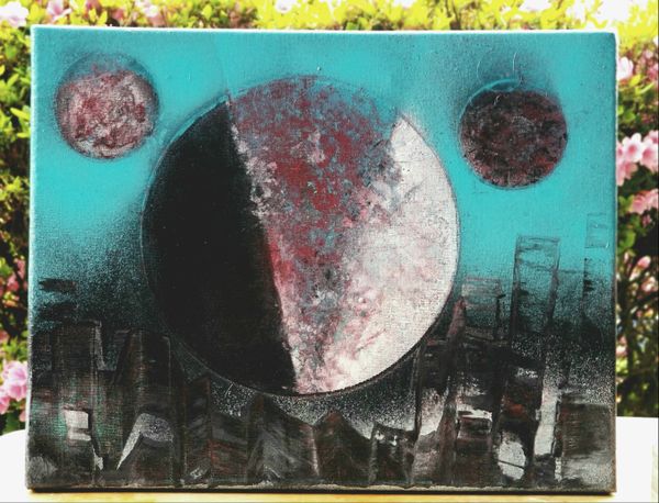 Hand Painted Abstract Cityscape and Planet Canvas Art for ...