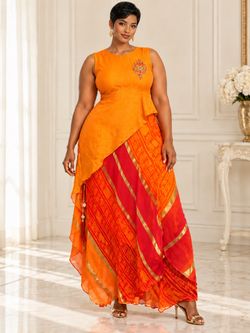 Orange Indian Fusion Peplum Top and Skirt Set
