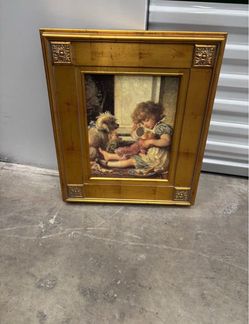 The image features a vintage, ornate gold-framed lithograph titled "Say Please" by German artist Karl Wilhelm Friedrich Bauerle,