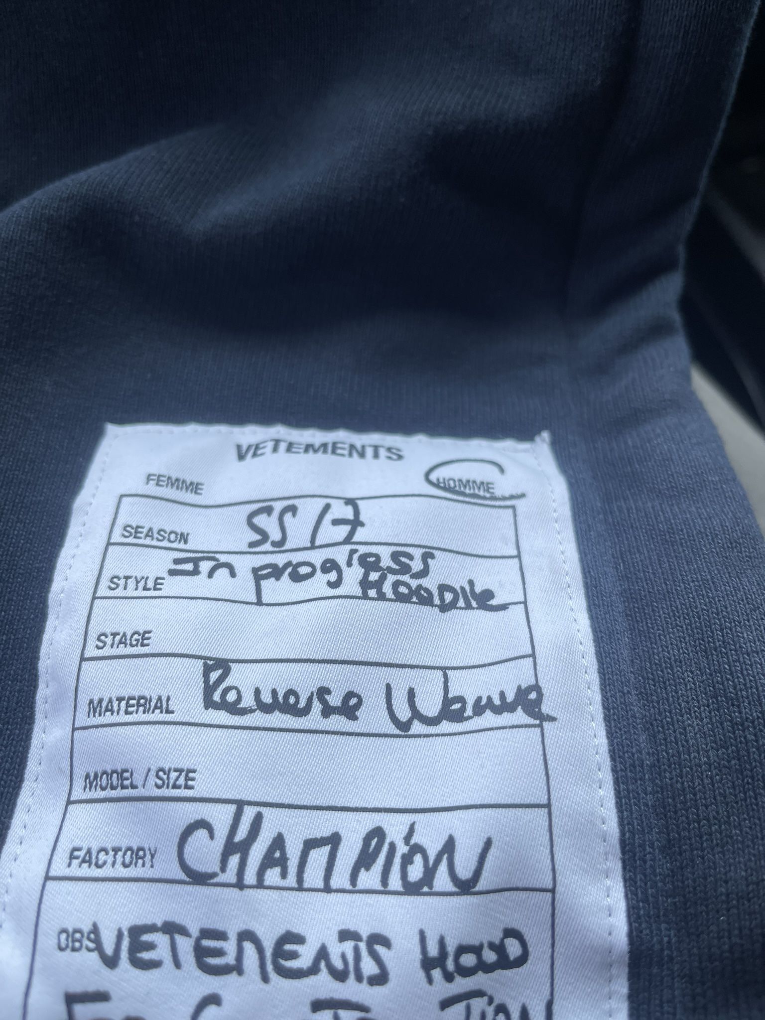 VETEMENTS X Champion “In Progress “ Hoodie Size S