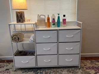 7-Drawer Fabric Storage Dresser with Shelves – White/Gray