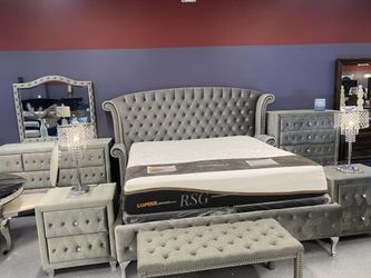 Color Options velvet Bedroom furniture set queen size bed King Size Bed Dresser Mirror Nightstand Chest Mattress box spring Only $39 Down Payment 👉 P