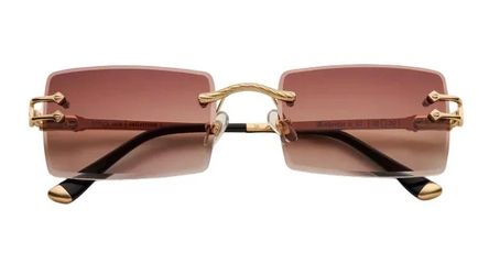 Brown Tint Rimless Rectangle Sunglasses Gold Frame