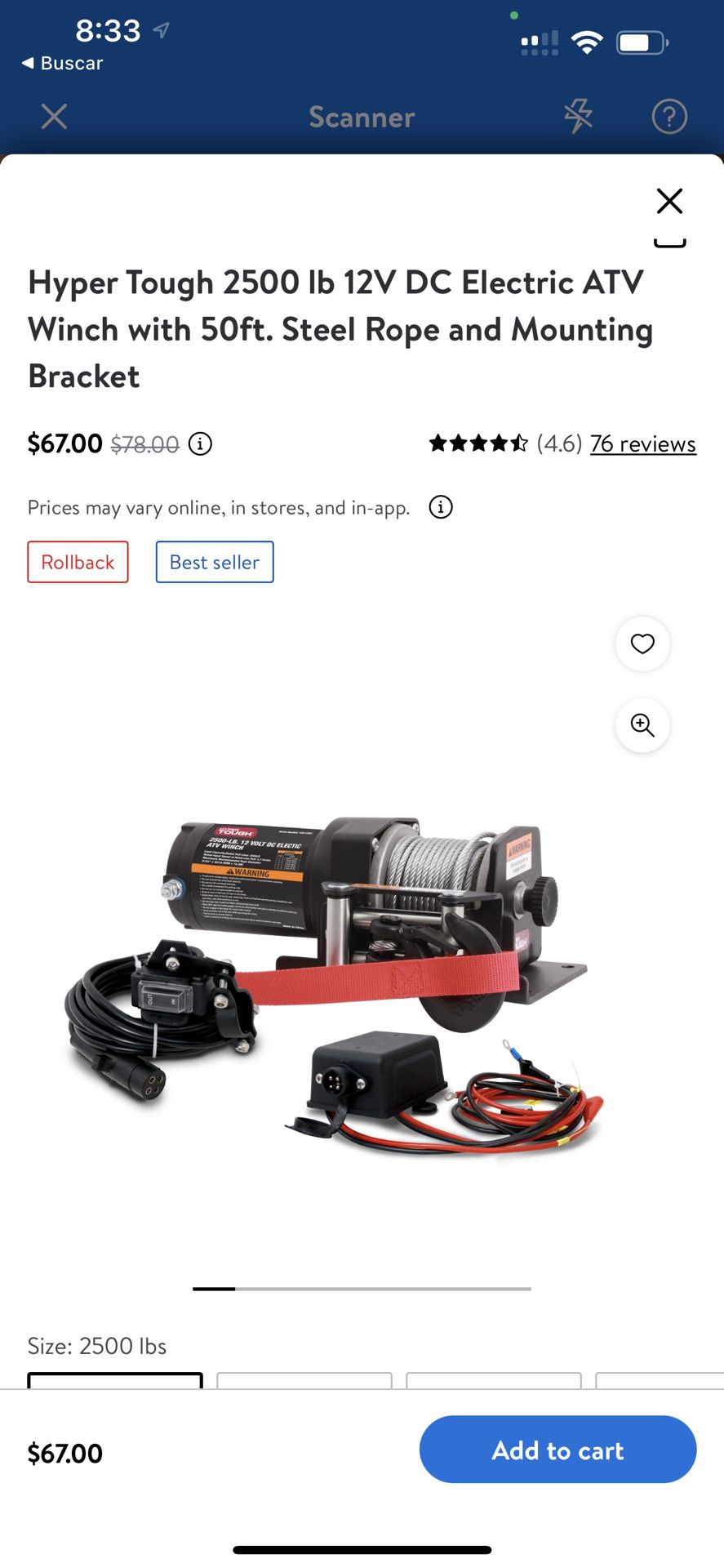 Hyper Tough 2500 Ib 12V DC Electric ATV Winch with 50ft. Steel Rope and Mounting Bracket $55