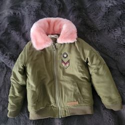 BUFFALO by David Bitton Puffer Jacket Girls Size 4T Army Green with Pink Faux Fur Collar