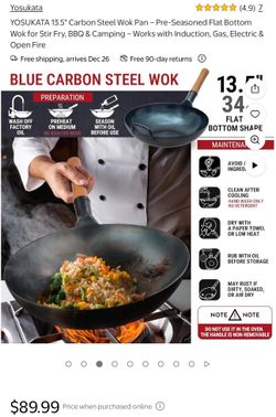 YOSUKATA 13.5" Carbon Steel Wok Pan Pre-Seasoned Flat