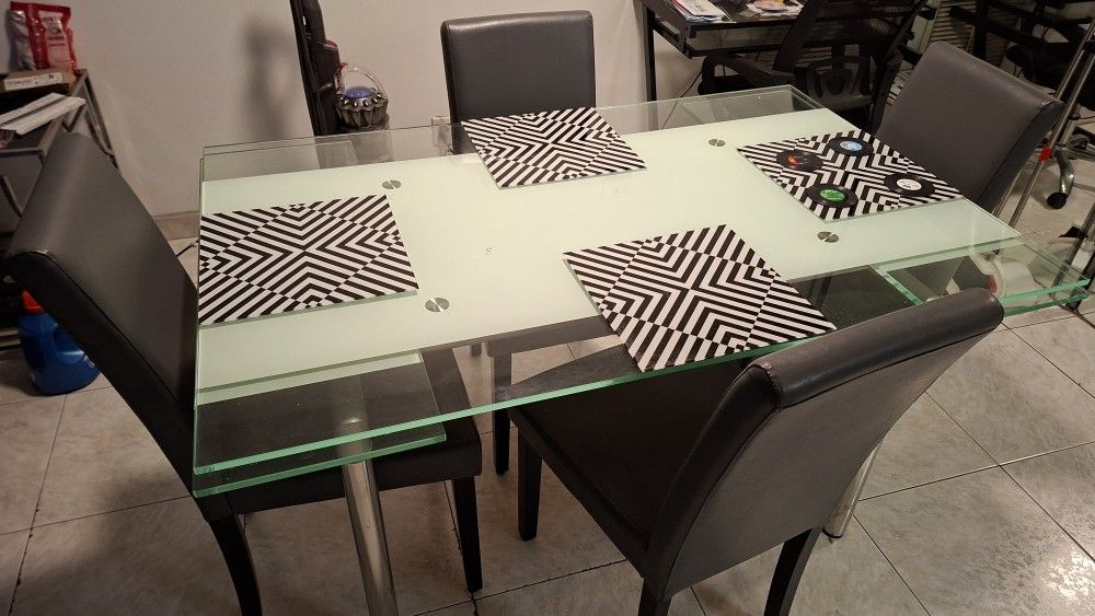 Glass Dining Table (Expandable) + 4 Gray Leather Chairs