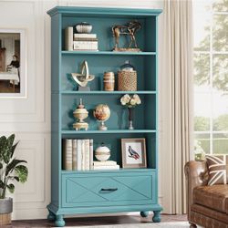 NY085 new in box 6-Shelf Bookcase with Drawer, 71 Inch Tall Floor Standing Bookshelf with Solid Wood Legs, 6-Tier Large Open Display Storage Book Shel