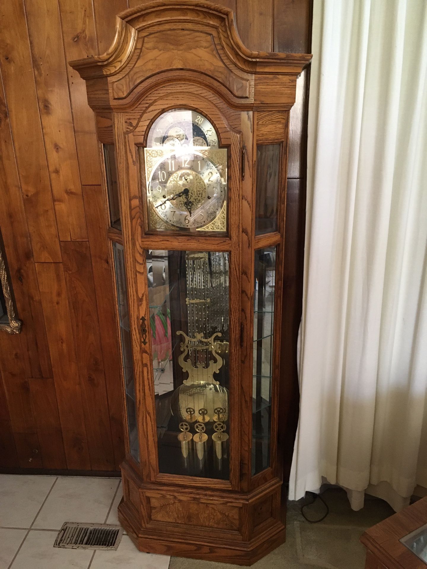 Howard Miller Grandfather Clock Curio Cabinet Style Solid Wood Made In USA Very Clean Condition