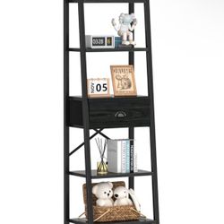 Bookshelf; Black; 5 Ladder Tier W/ Drawer