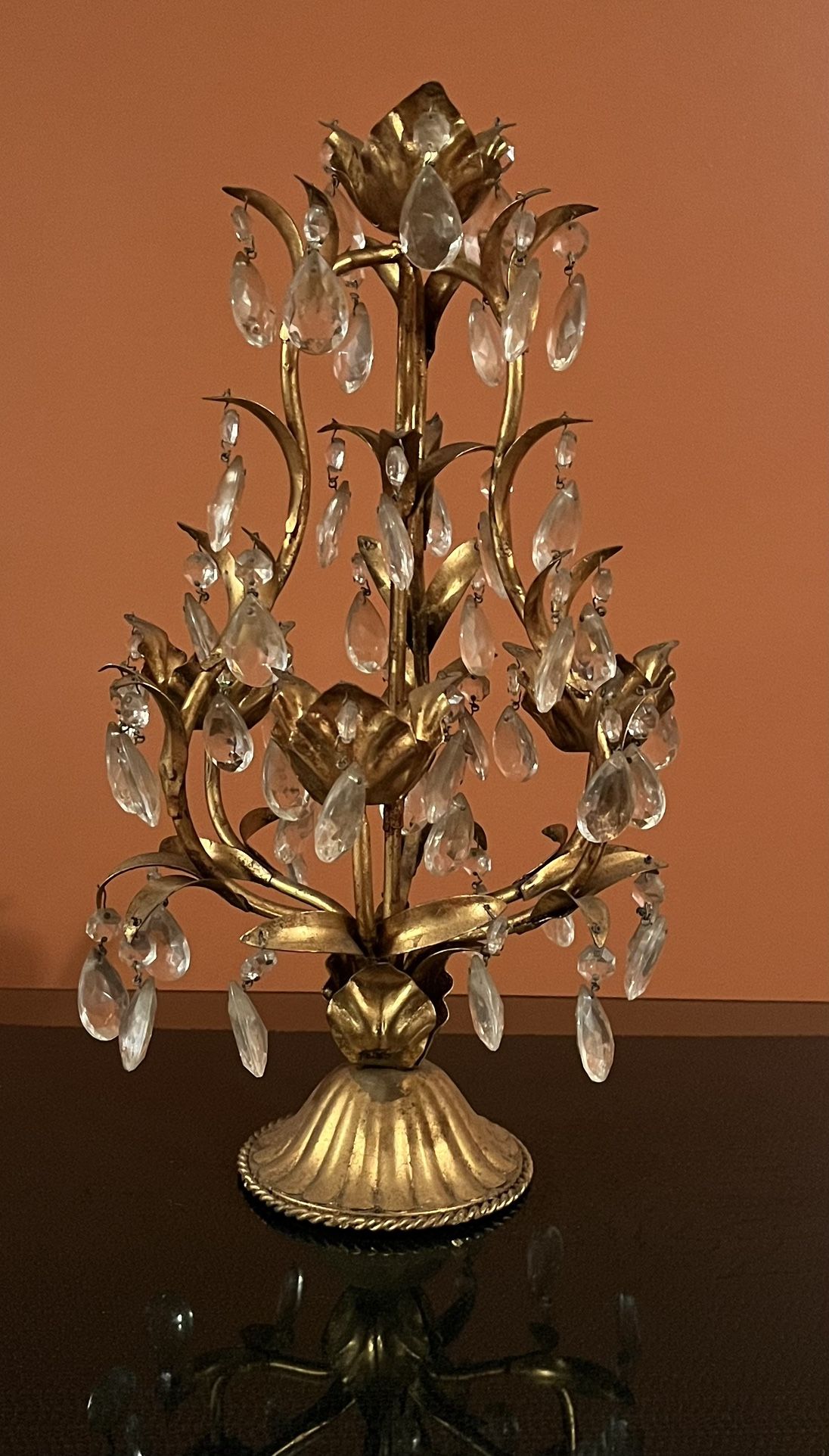 Vintage Italian Hollywood Regency Gilt Toleware Leaf Candelabra W Crystal Prisms