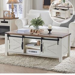 New in box OKD 48" Farmhouse Lift Top Coffee Table with Sliding Barn Door,Rustic Center Table with Hidden Storage Compartment,Lifting Tabletop and Adj