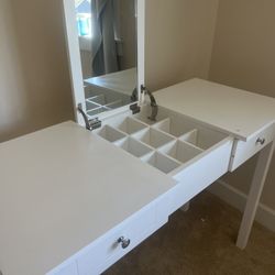 Pottery Barn white vanity desk with mirror built -in 