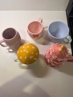 Cute Whimsical Mug Lot (5) – Pink Christmas Tree, Mushroom w/ Lid, Bow, Daisy Handle