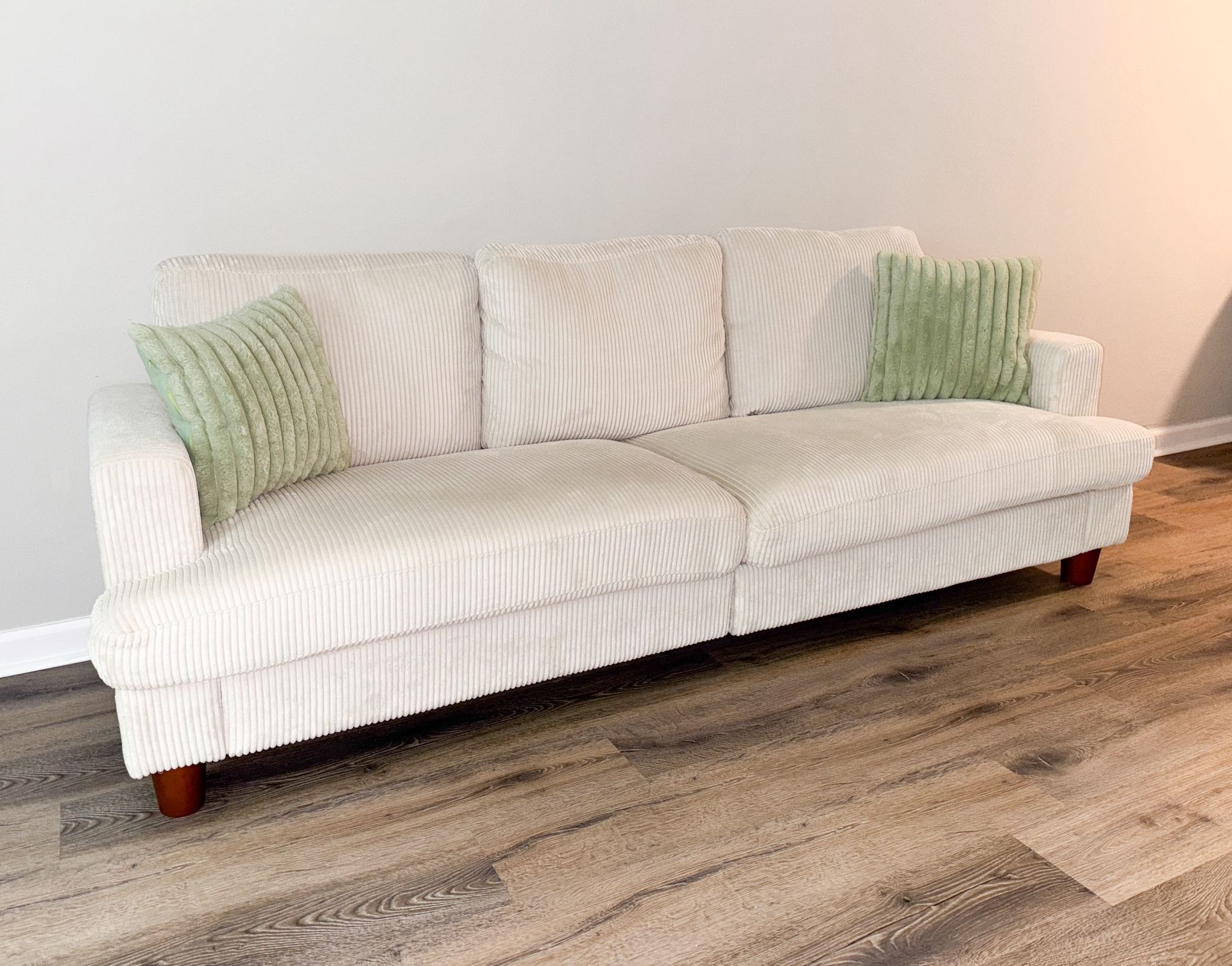Cream Corduroy Couch – Like New! Must Go, Splits For Easy Move, Pillows Included 