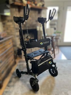 Helavo Upright Walker with Seat, Foldable Stand Up Walker with Rubber Tires