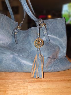 Blue Faux Leather Tote Bag with Tassel