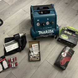 Makita Quiet Air Compressor, Husky 1/2” Impact Driver, Coupler/Plug Set, Air Hoses And More