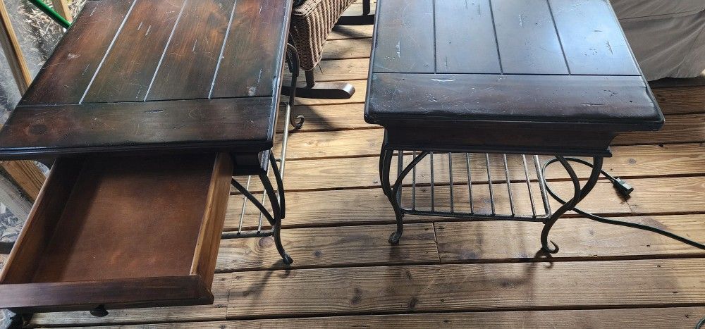 Dark Wood And Metal Side Table Set