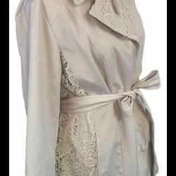 NEW Dennis Basso  Jacket Water Resistant Lace Trim Cream With Belt Size M