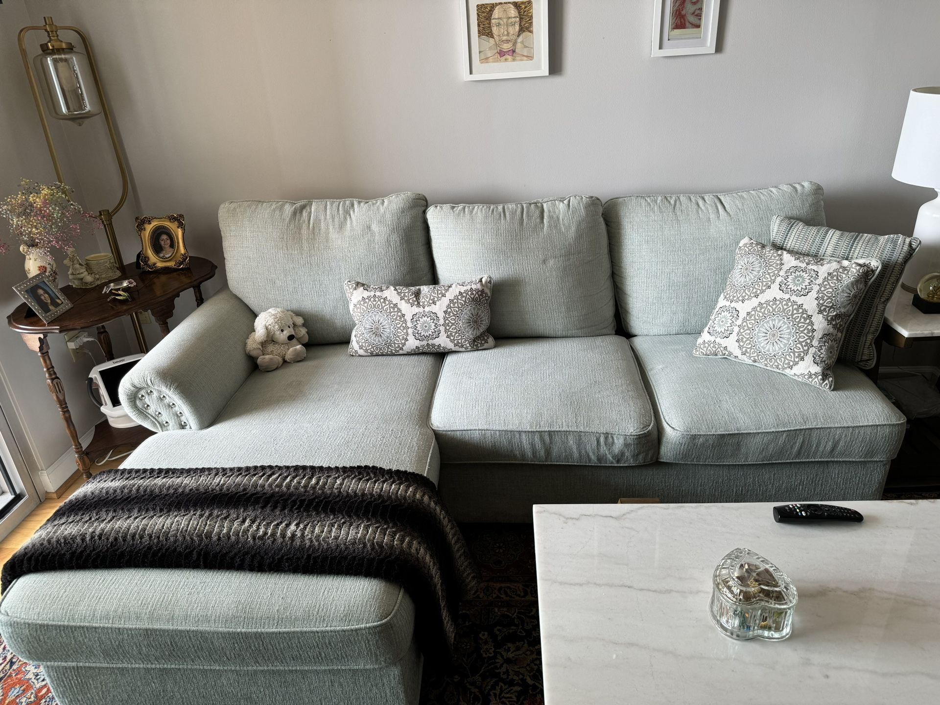 Light Blue Sectional Sofa and Loveseat Set with Decorative Pillows - Excellent Condition