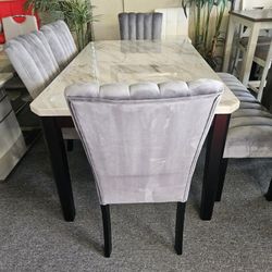 Brand New 60"×36"×30"H White Faux Marble Dining Table + 4 Gray Velvet Chairs + Bench