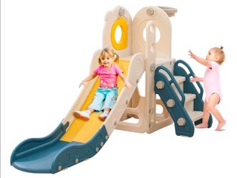 5 in 1 Kids Indoor Freestanding Toddler Slide Playset for Toddlers 1-3 L Shaped with Basketball Hoop Blue
