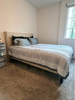 Queen Upholstered Platform Bed Frame w/ LED Lights & Charging Station