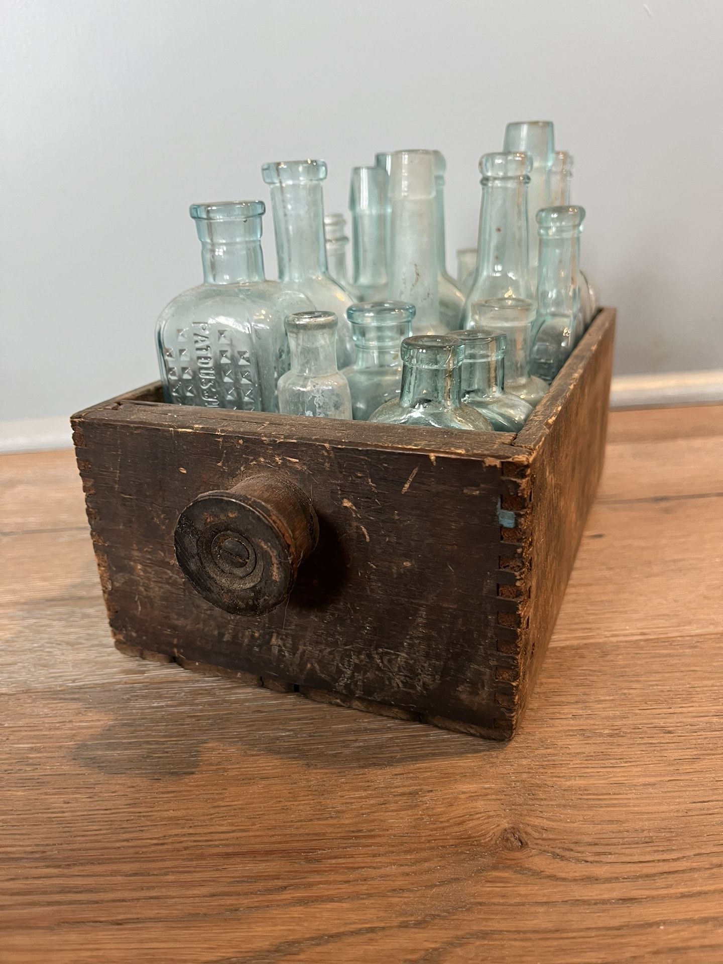 Antique Wood Box With 17 Old Glass Bottles